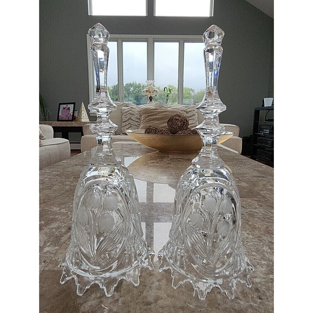 Vintage Pair Of German Cut Crystal Bells, With Etched Lily Of The Valley